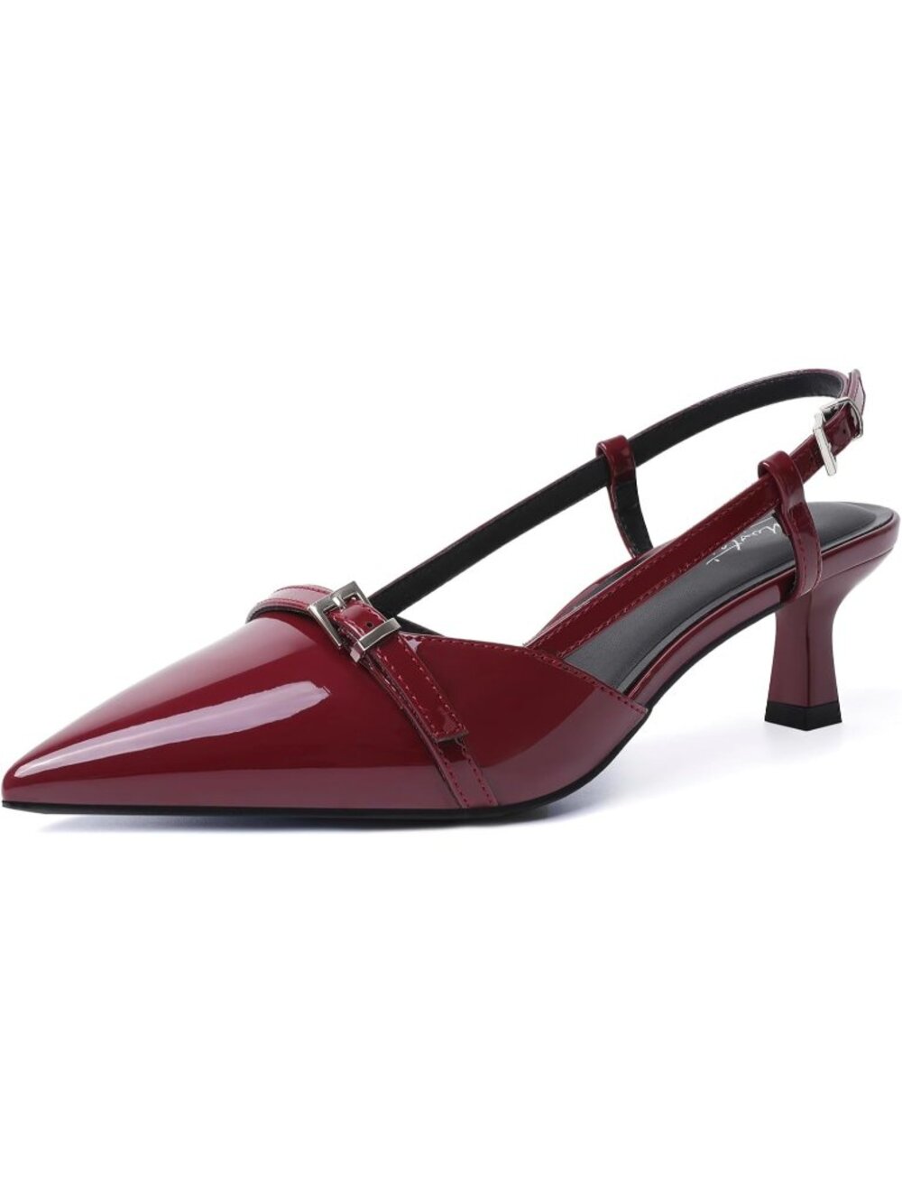 Women's Burgundy Faux Leather Pointed Toe Low Heel Slingback with Buckle Pumps